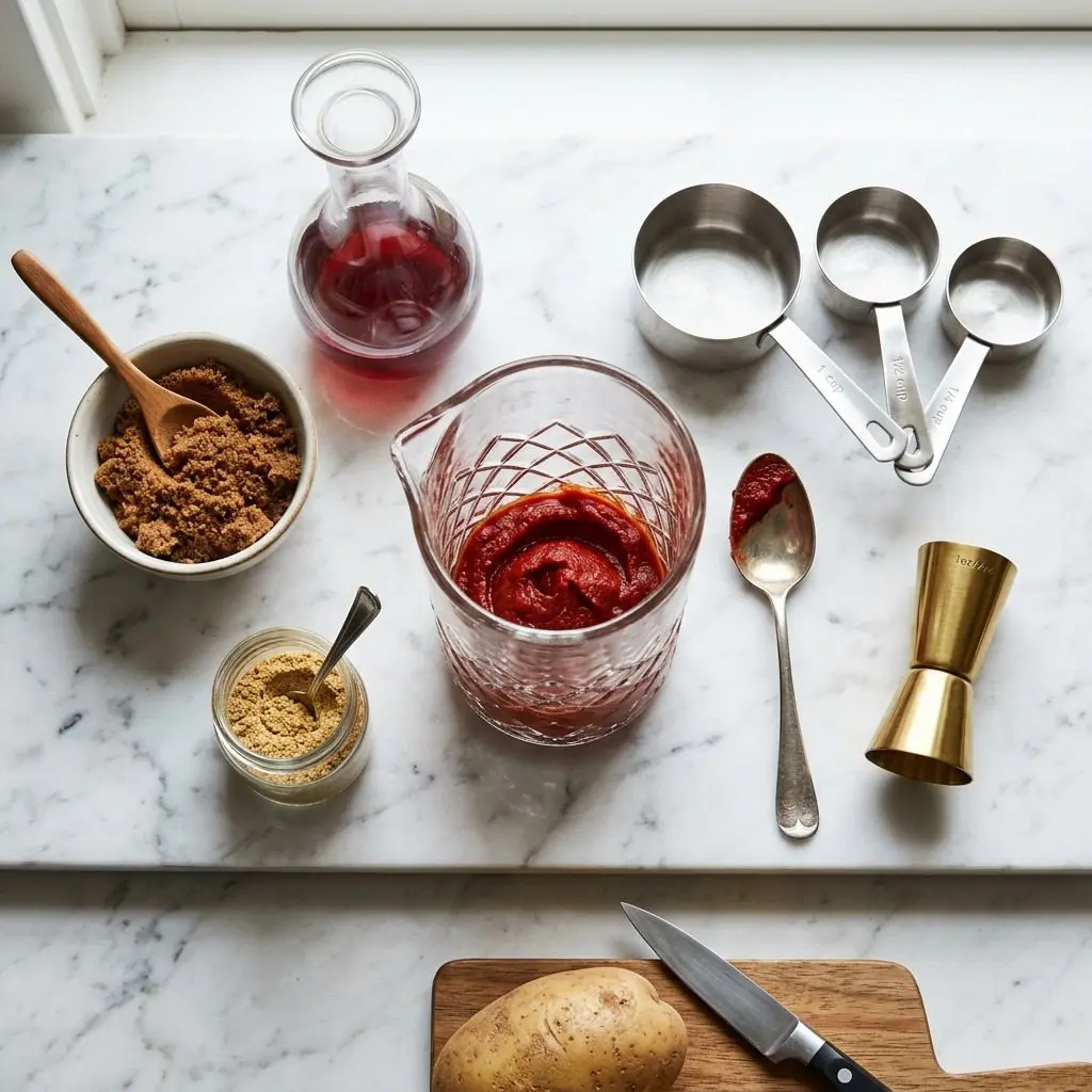 Raw cooking ingredients for The Real Deal Fries with Rustic Ketchup arranged beautifully on a clean kitchen counter.