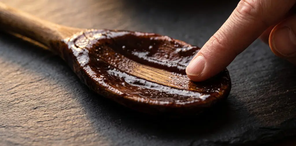 A wooden spoon coated with a thick glossy braising reduction, a finger drawing a clean line through the coating.