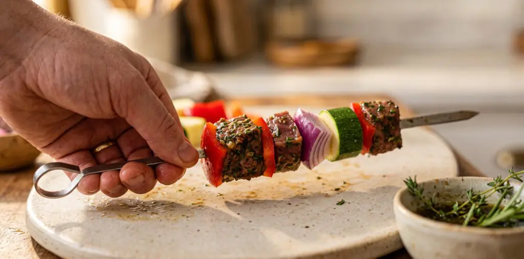 A stainless skewer being threaded with alternating cubes of red pepper, red onion, zucchini, and marinated meat.