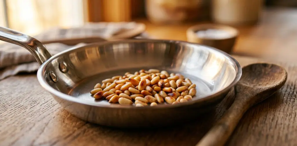 A dry skillet with pine nuts at peak toast, ranging from ivory to golden-brown, natural oils making them gleam.