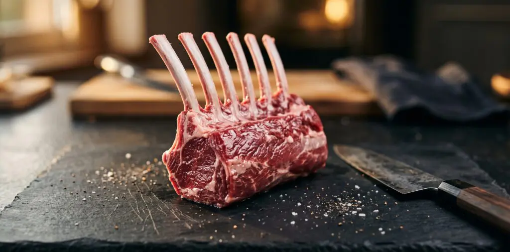 A French-trimmed rack of lamb with pristine white scraped bones, the deep red loin eye exposed and glistening.