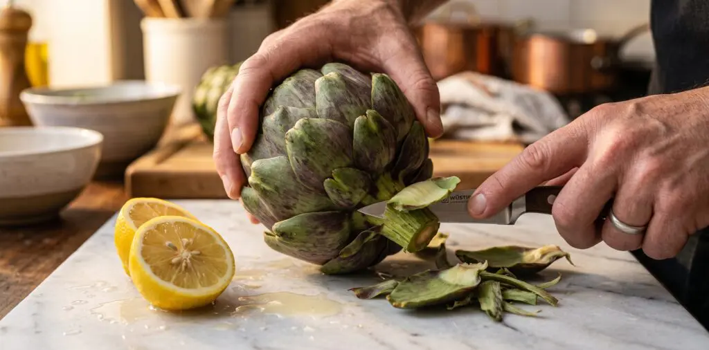A large globe artichoke being trimmed, outer leaves peeled back, the pale green heart emerging.
