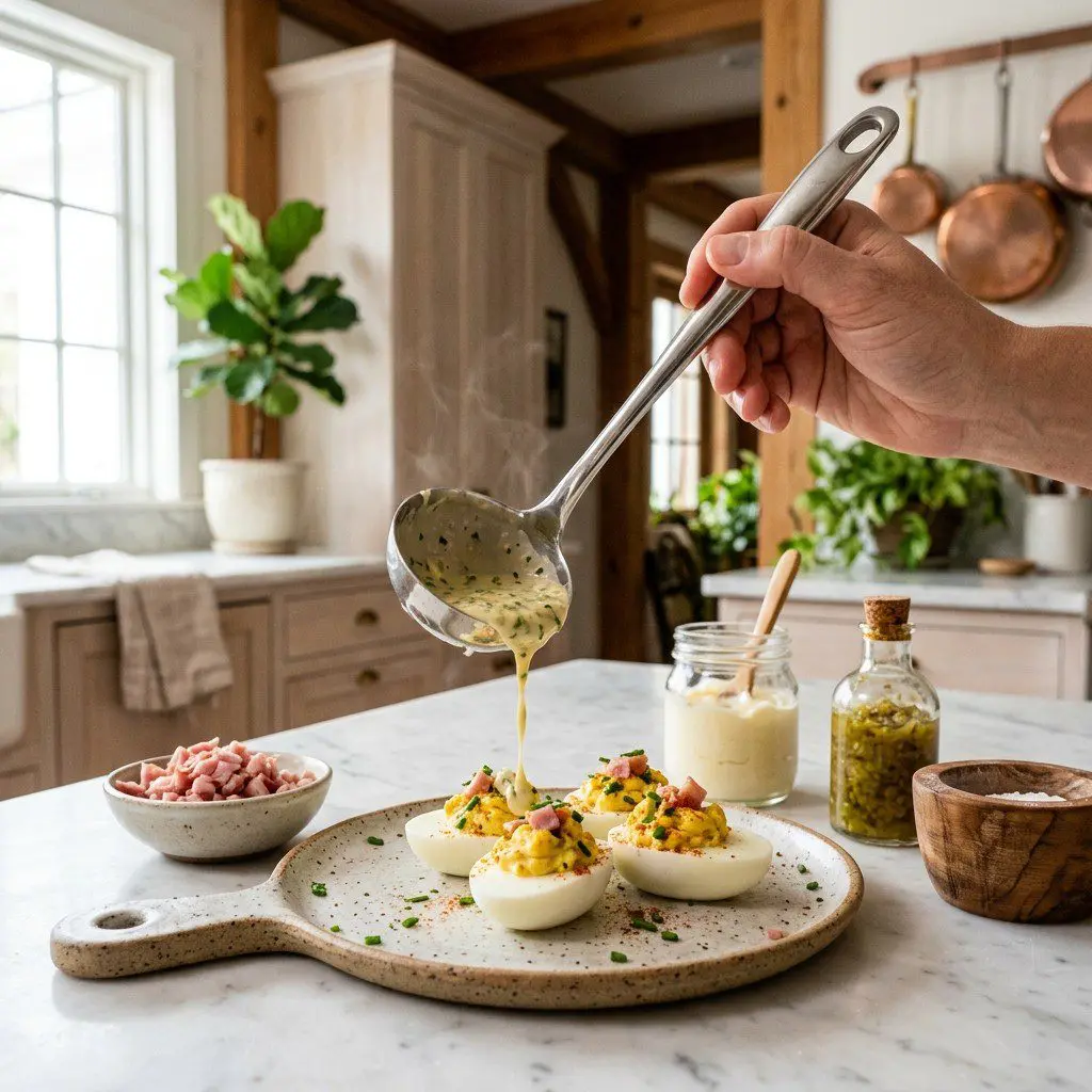 Home cook prepared steps for assembling and cooking Trio of Devily Eggs.