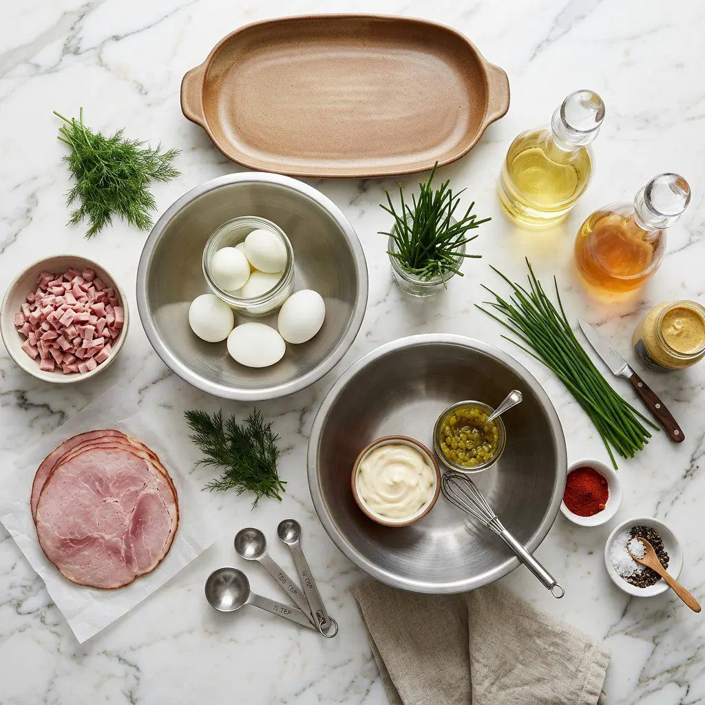 Raw cooking ingredients for Trio of Devily Eggs arranged beautifully on a clean kitchen counter.