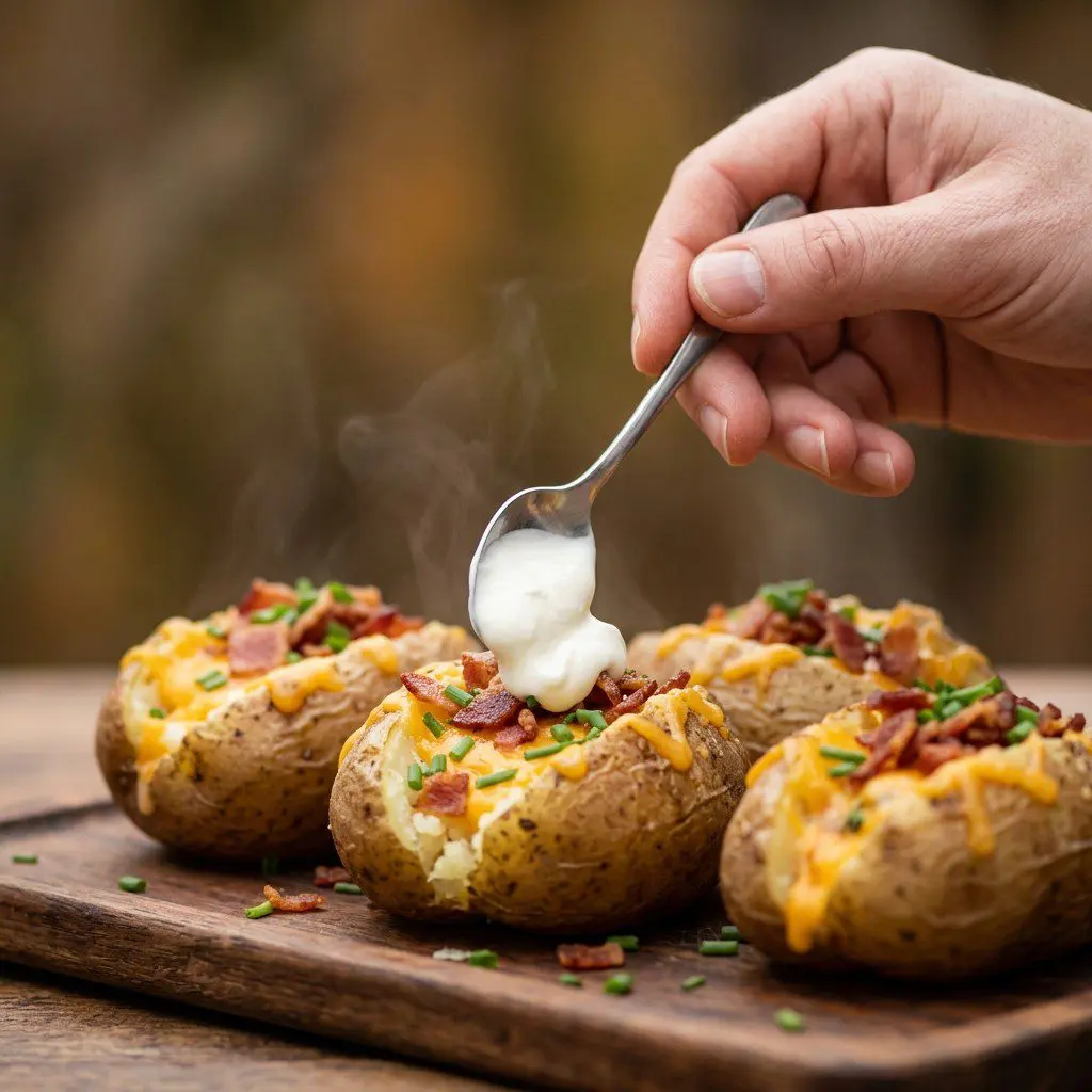 Home cook prepared steps for assembling and cooking Trio of Loaded Potato Jackets.