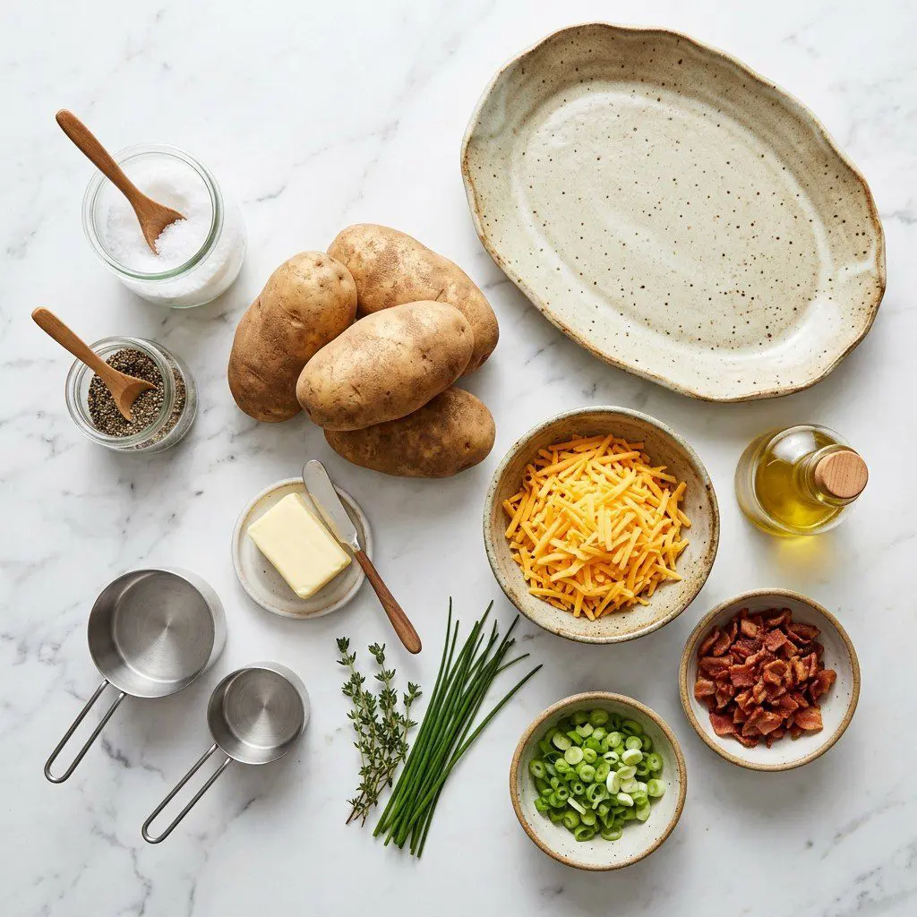 Raw cooking ingredients for Trio of Loaded Potato Jackets arranged beautifully on a clean kitchen counter.