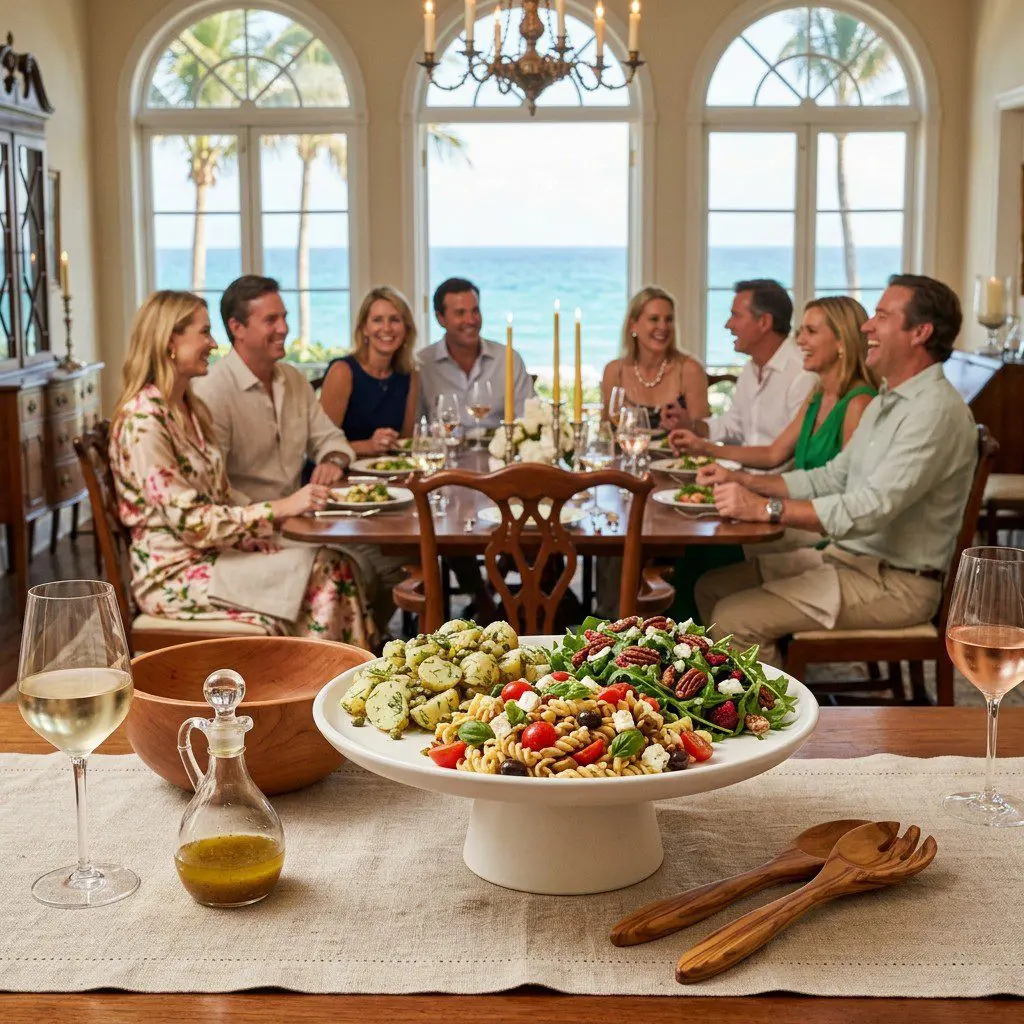 An appetizing, fresh serving of cooked Trio of Picnic Salads displayed beautifully on a styled dining table.