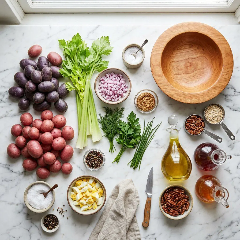 Raw cooking ingredients for Trio of Picnic Salads arranged beautifully on a clean kitchen counter.
