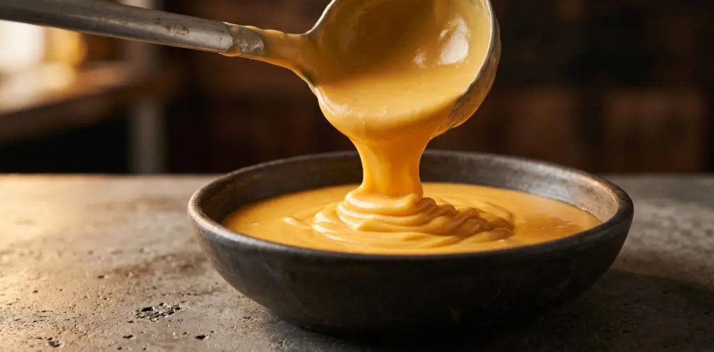 A thick stream of glossy golden cheddar cheese sauce pouring from a ladle, folding onto itself.