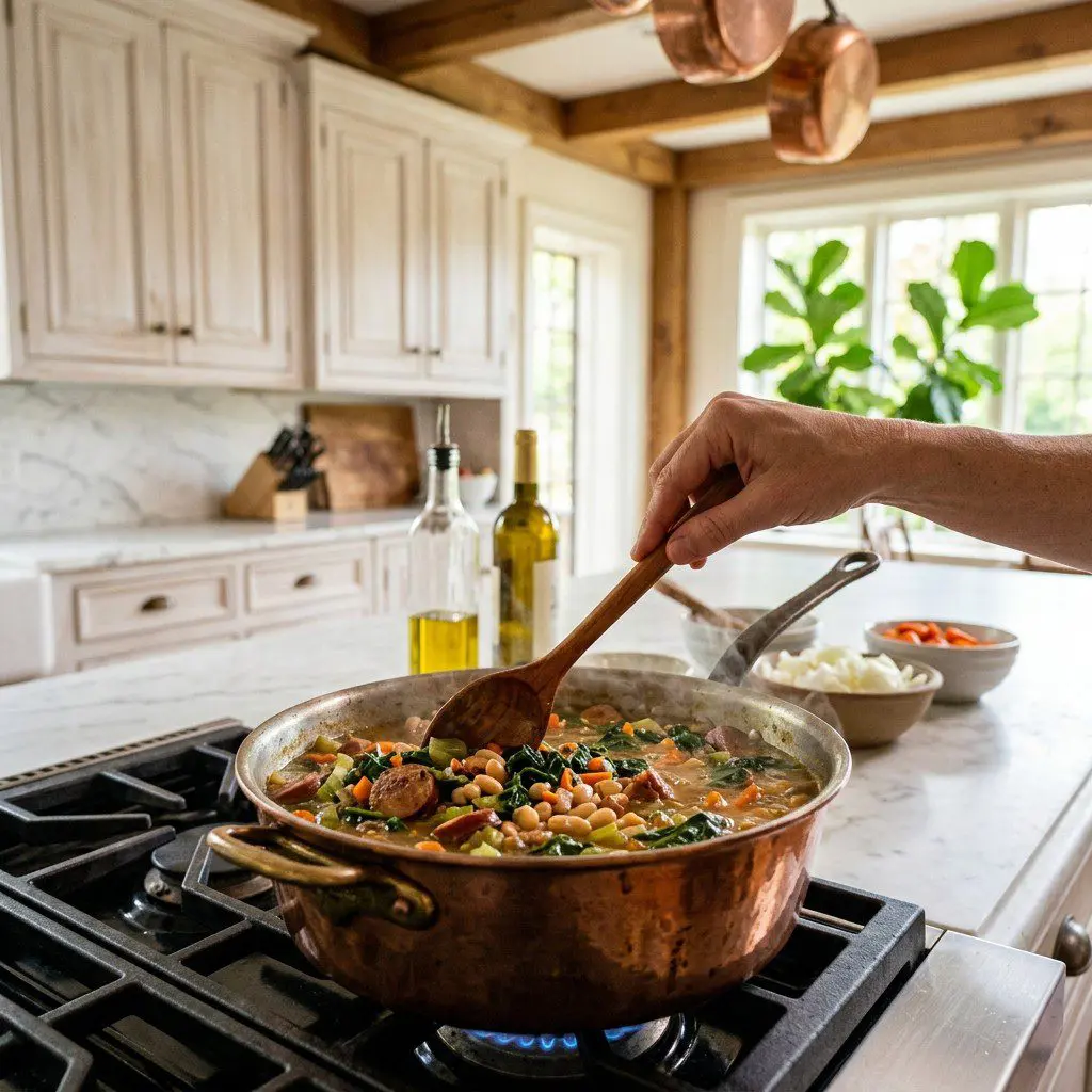 Home cook prepared steps for assembling and cooking Tuscan White Bean Stew with Smoked Sausage and Swiss Chard.