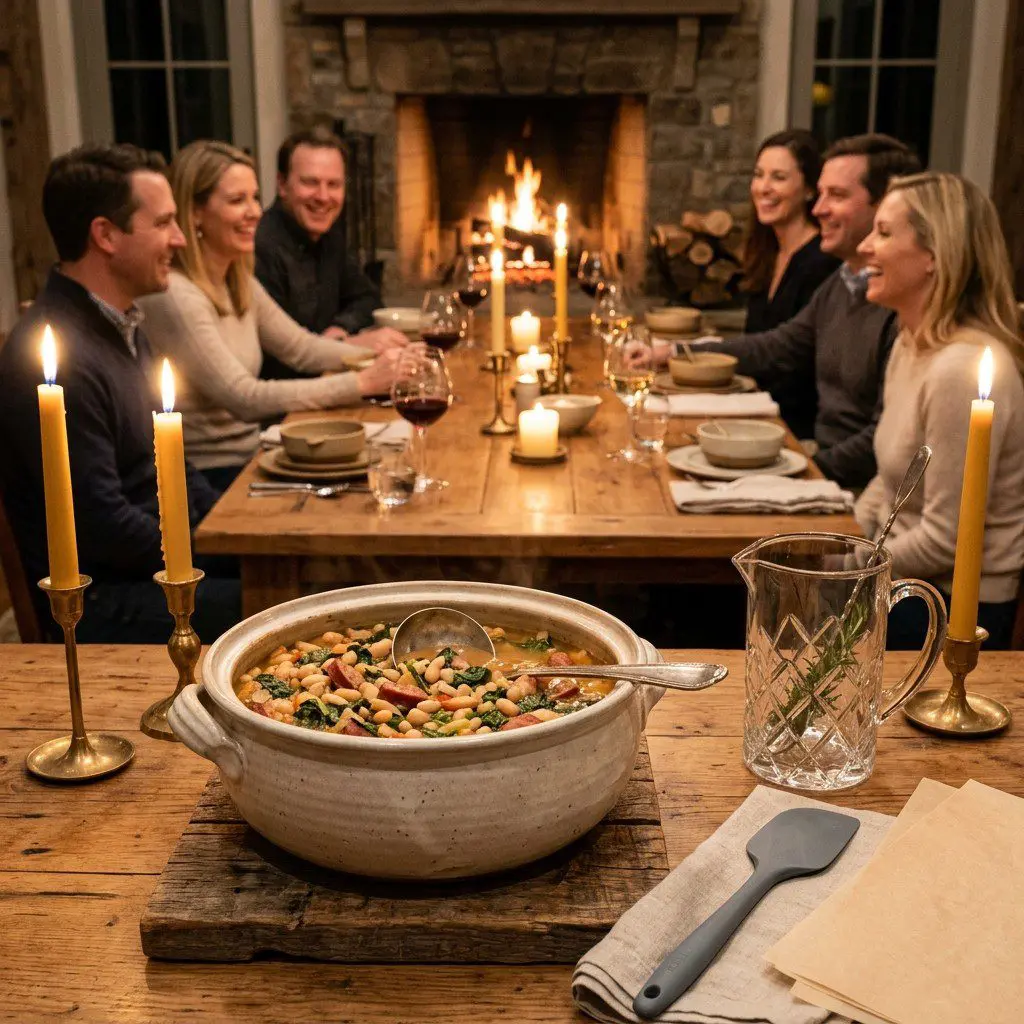 An appetizing, fresh serving of cooked Tuscan White Bean Stew with Smoked Sausage and Swiss Chard displayed beautifully on a styled dining table.
