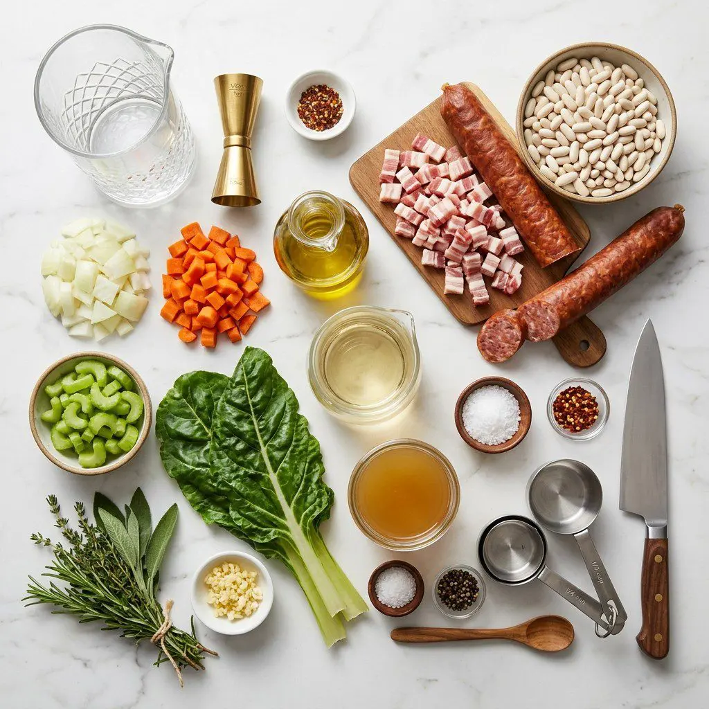 Raw cooking ingredients for Tuscan White Bean Stew with Smoked Sausage and Swiss Chard arranged beautifully on a clean kitchen counter.