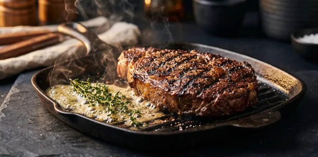 A thick-cut ribeye on a cast-iron grill pan, deep diamond char marks pressed into the dark brown crust.
