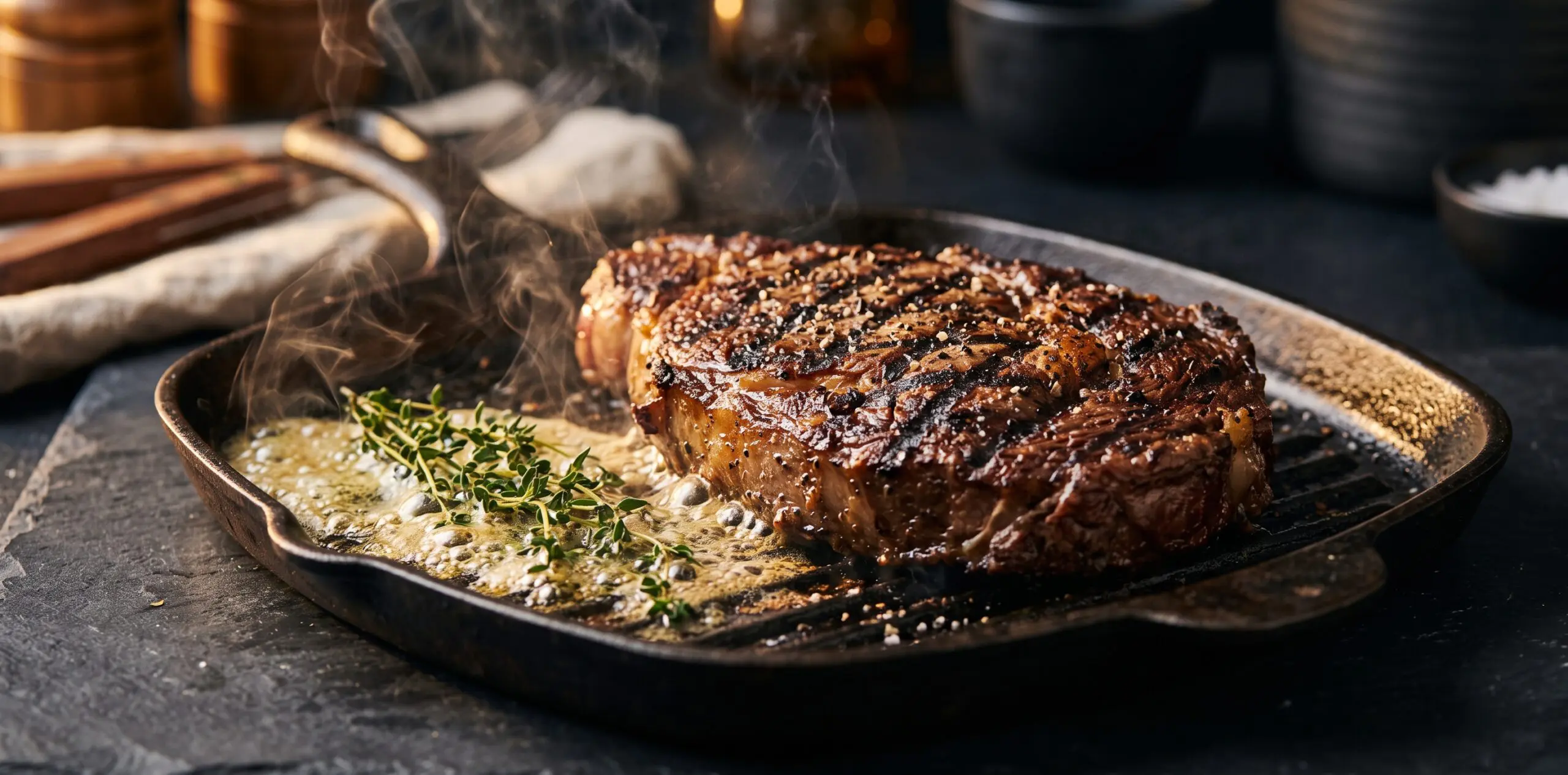 A thick-cut ribeye on a cast-iron grill pan, deep diamond char marks pressed into the dark brown crust.