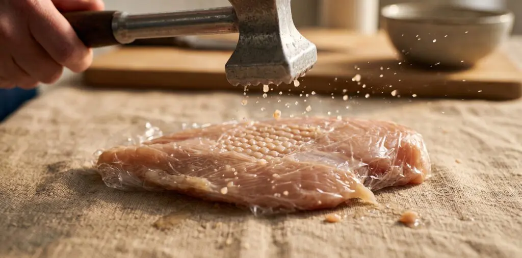 A chicken breast wrapped in plastic film being struck by a textured meat mallet, the breast spreading flat.