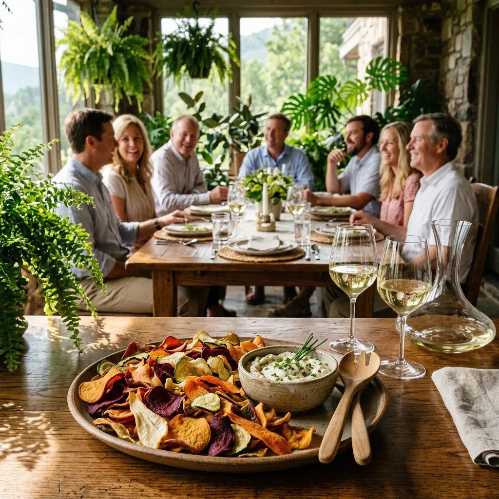 A beautiful bowl of crispy, colorful vegetable chips served next to a dish of creamy roasted garlic and onion dip.