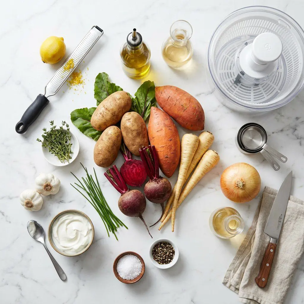 A rustic kitchen counter displaying sliced russet potatoes, sweet potatoes, beets, and parsnips prepped for cooking.