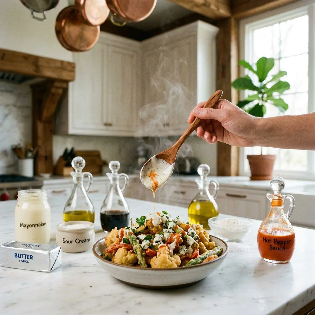 Home cook prepared steps for assembling and cooking Veggie Fritto Misto with Blue Cheese Drizzle and Hot Sauce.