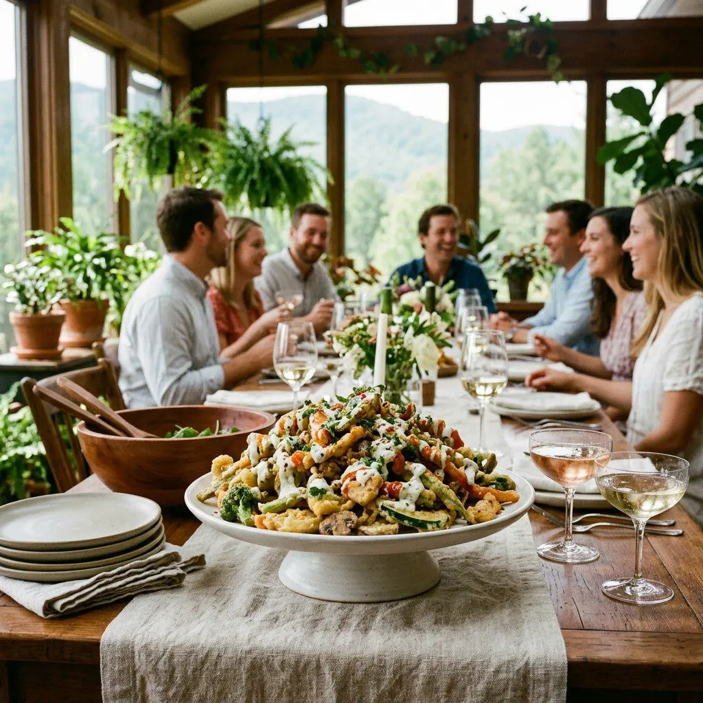 An appetizing, fresh serving of cooked Veggie Fritto Misto with Blue Cheese Drizzle and Hot Sauce displayed beautifully on a styled dining table.