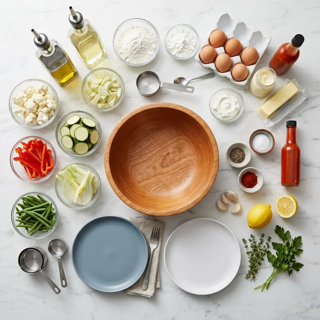 Raw cooking ingredients for Veggie Fritto Misto with Blue Cheese Drizzle and Hot Sauce arranged beautifully on a clean kitchen counter.
