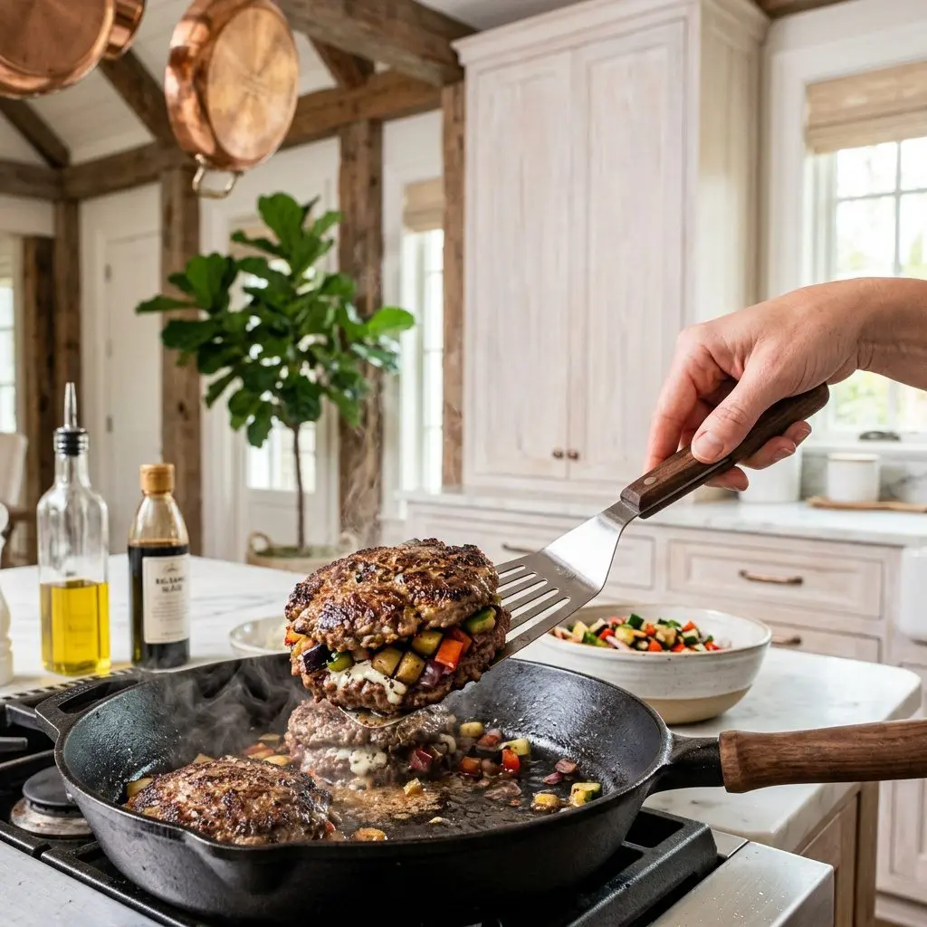Home cook prepared steps for assembling and cooking Veggie Stuffed Beef Burgers with Gorgonzola and Balsamic Glaze.