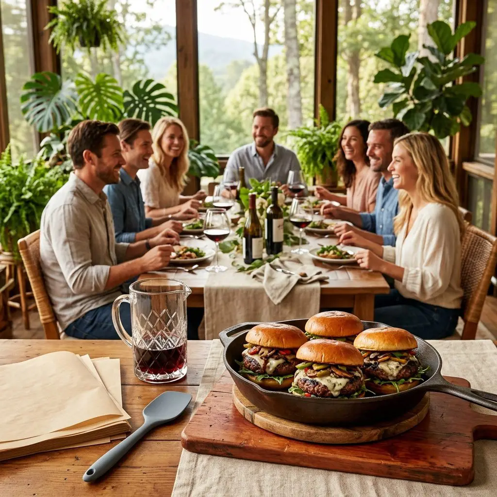 An appetizing, fresh serving of cooked Veggie Stuffed Beef Burgers with Gorgonzola and Balsamic Glaze displayed beautifully on a styled dining table.