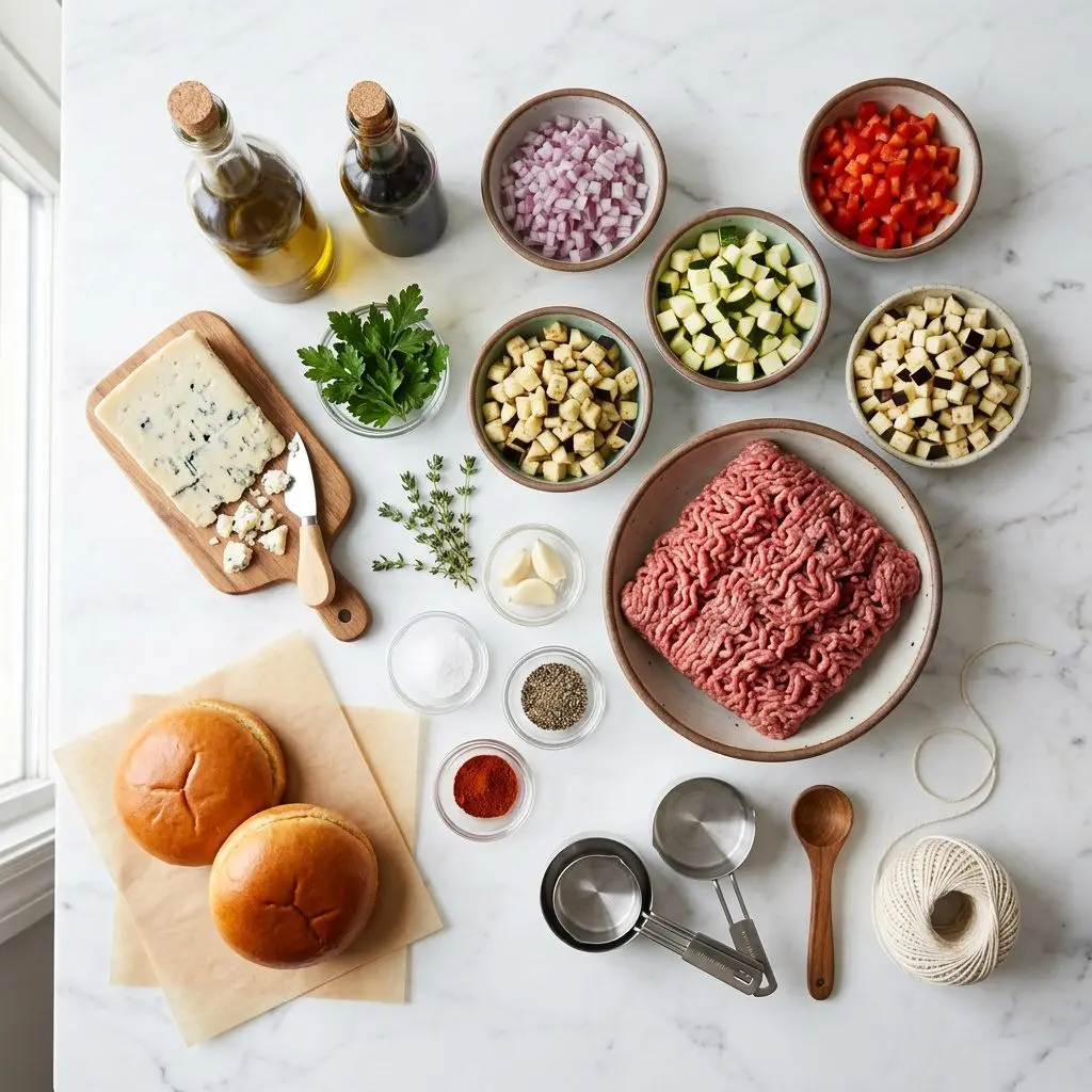 Raw cooking ingredients for Veggie Stuffed Beef Burgers with Gorgonzola and Balsamic Glaze arranged beautifully on a clean kitchen counter.