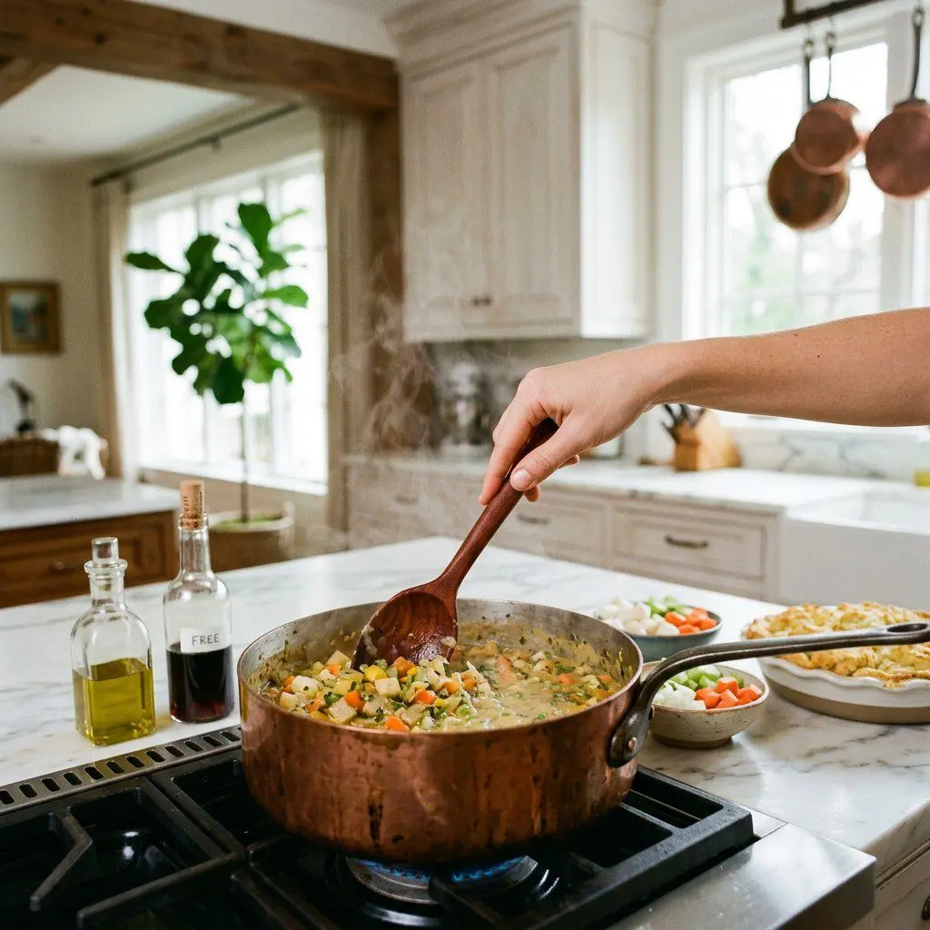 Home cook prepared steps for assembling and cooking Very Veggie Pot Pie with Cheesy Drop Biscuit Crust.
