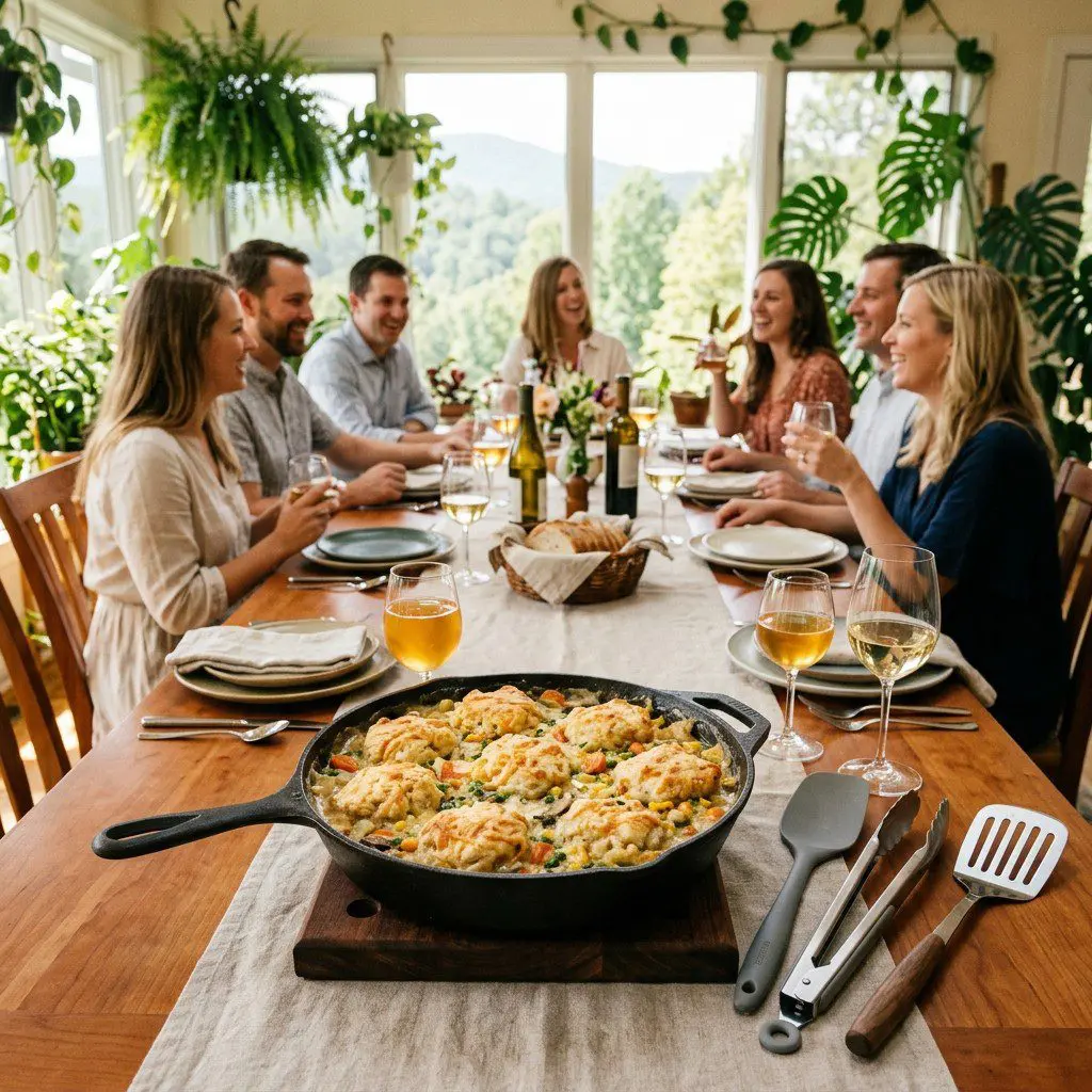 An appetizing, fresh serving of cooked Very Veggie Pot Pie with Cheesy Drop Biscuit Crust displayed beautifully on a styled dining table.
