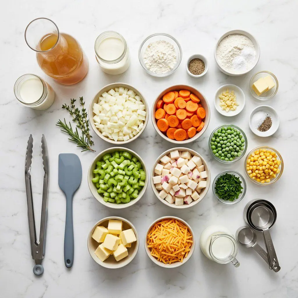 Raw cooking ingredients for Very Veggie Pot Pie with Cheesy Drop Biscuit Crust arranged beautifully on a clean kitchen counter.