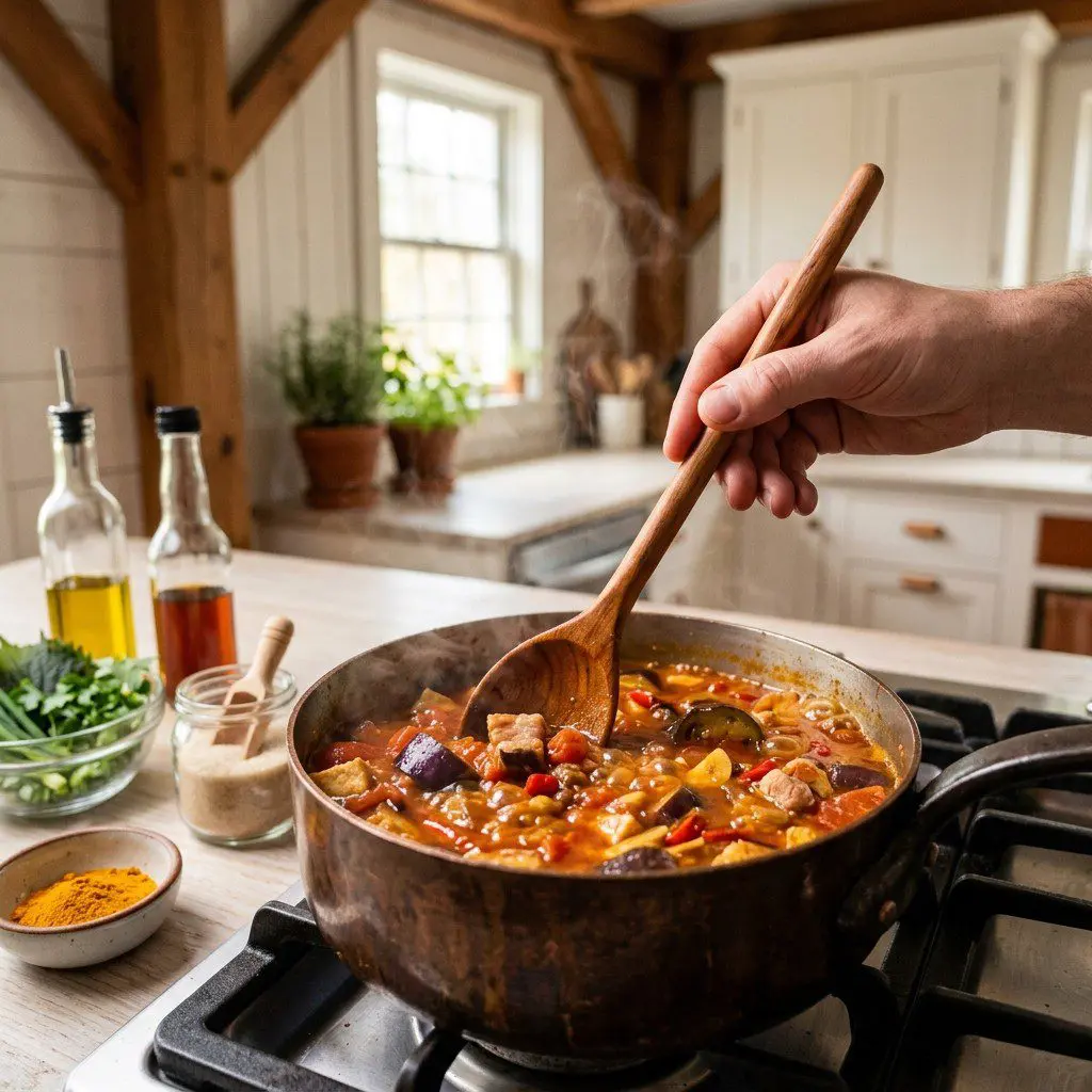Home cook prepared steps for assembling and cooking Vietnamese Eggplant Stew.