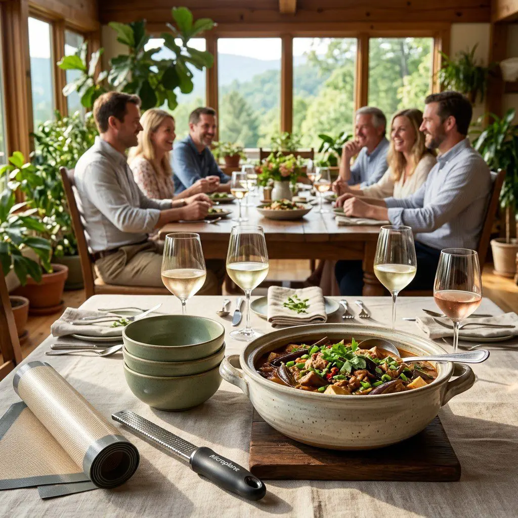 An appetizing, fresh serving of cooked Vietnamese Eggplant Stew displayed beautifully on a styled dining table.