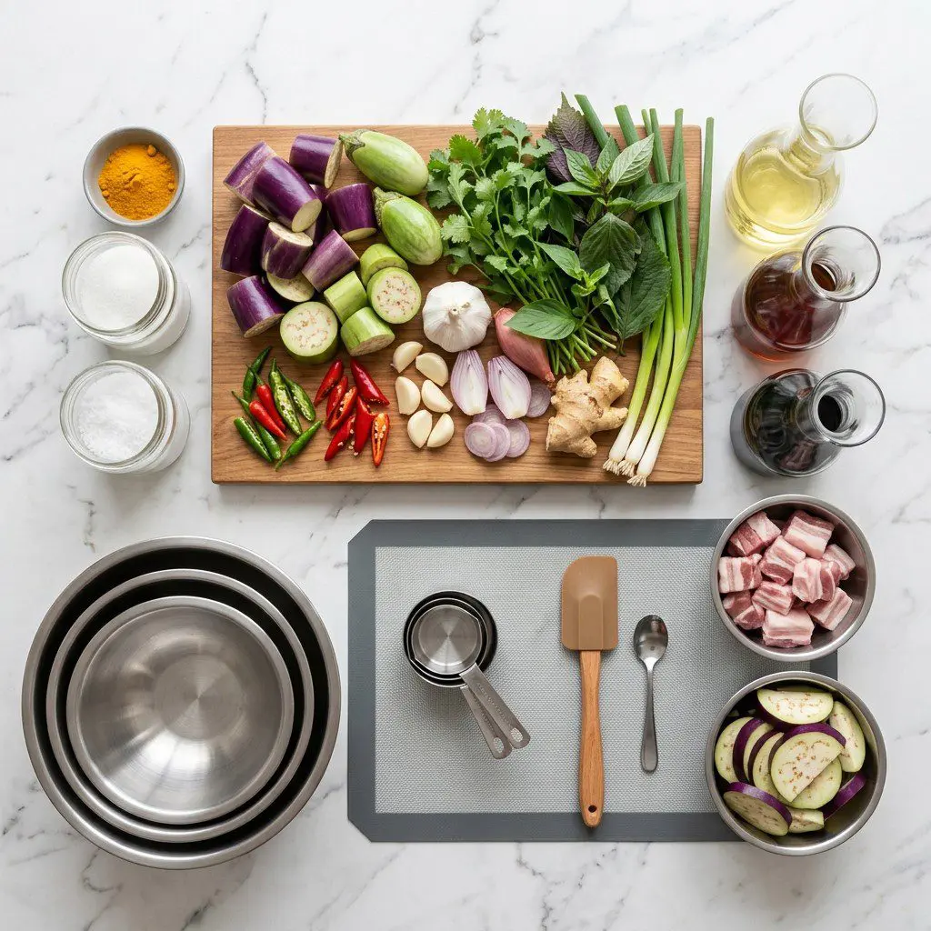 Raw cooking ingredients for Vietnamese Eggplant Stew arranged beautifully on a clean kitchen counter.