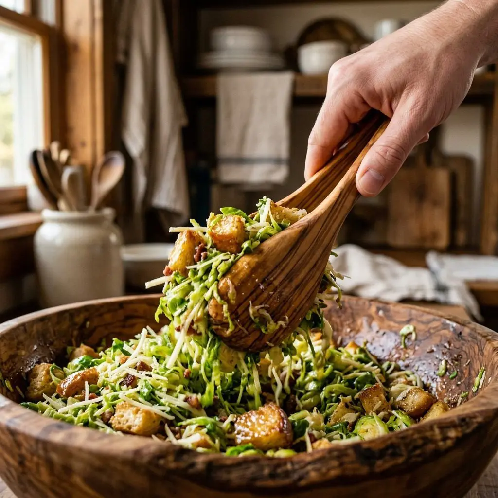 Home cook prepared steps for assembling and cooking Warm Brussels Sprout Caesar Salad.