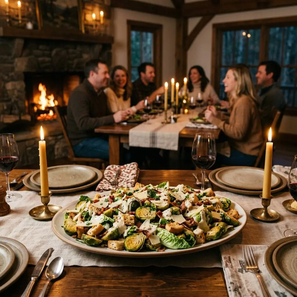 An appetizing, fresh serving of cooked Warm Brussels Sprout Caesar Salad displayed beautifully on a styled dining table.