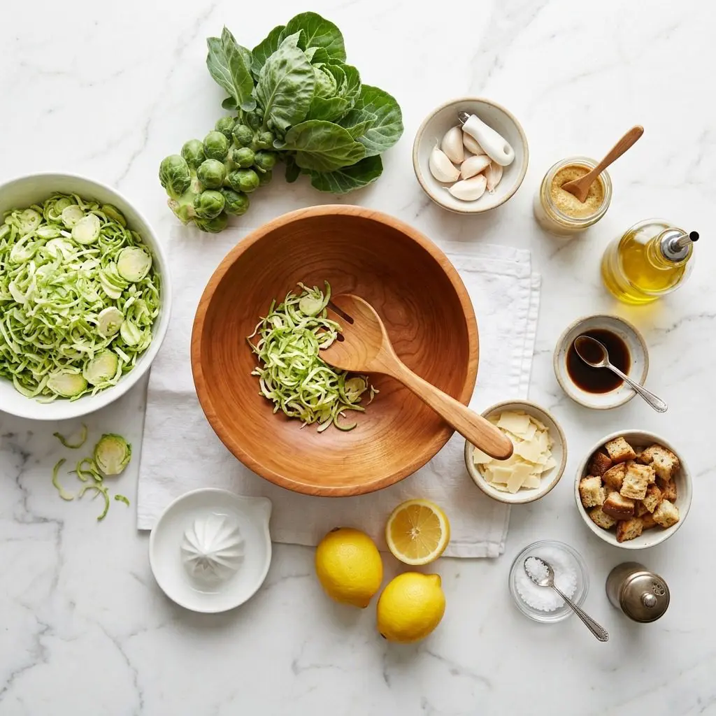 Raw cooking ingredients for Warm Brussels Sprout Caesar Salad arranged beautifully on a clean kitchen counter.