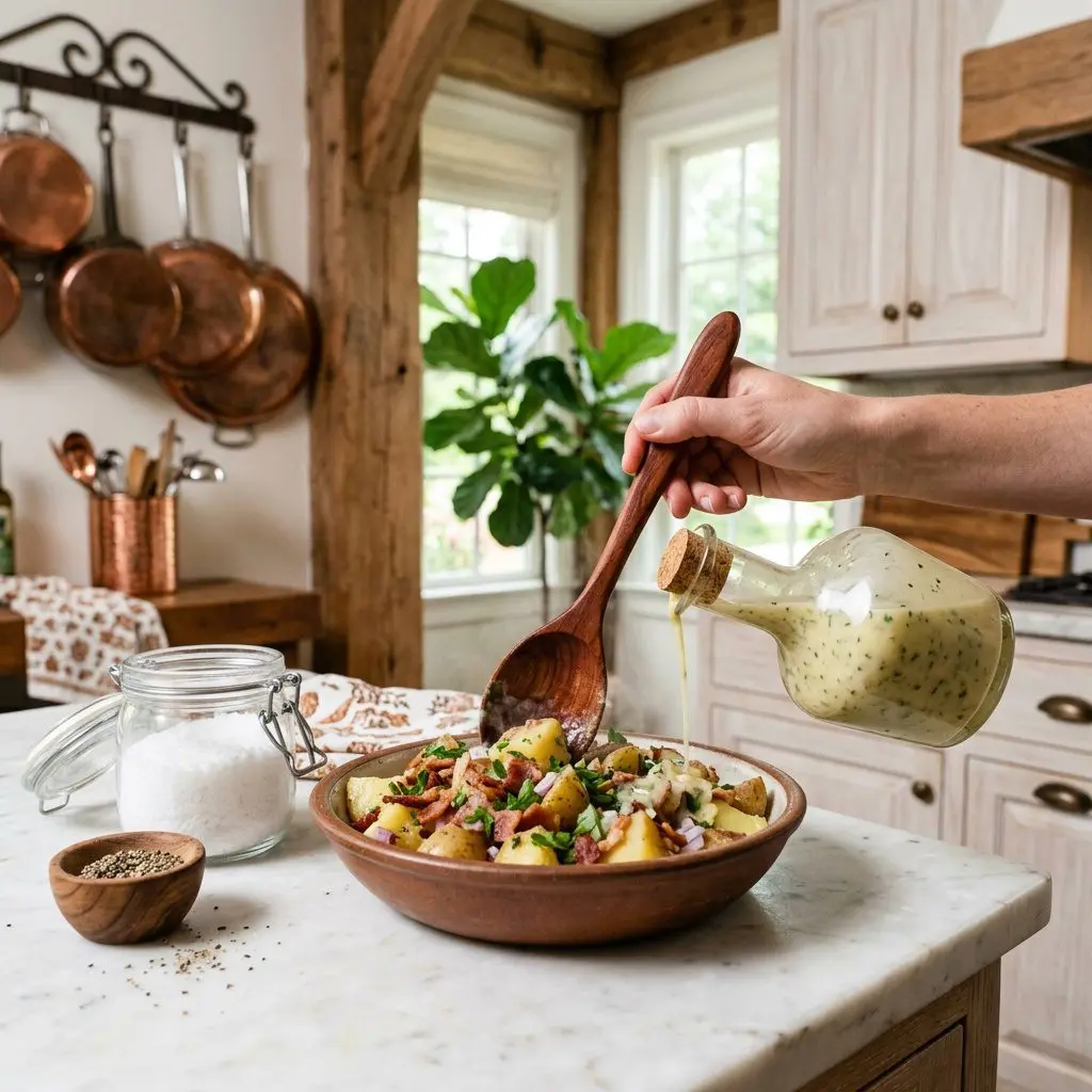Home cook prepared steps for assembling and cooking Warm Parsley Potato Salad.