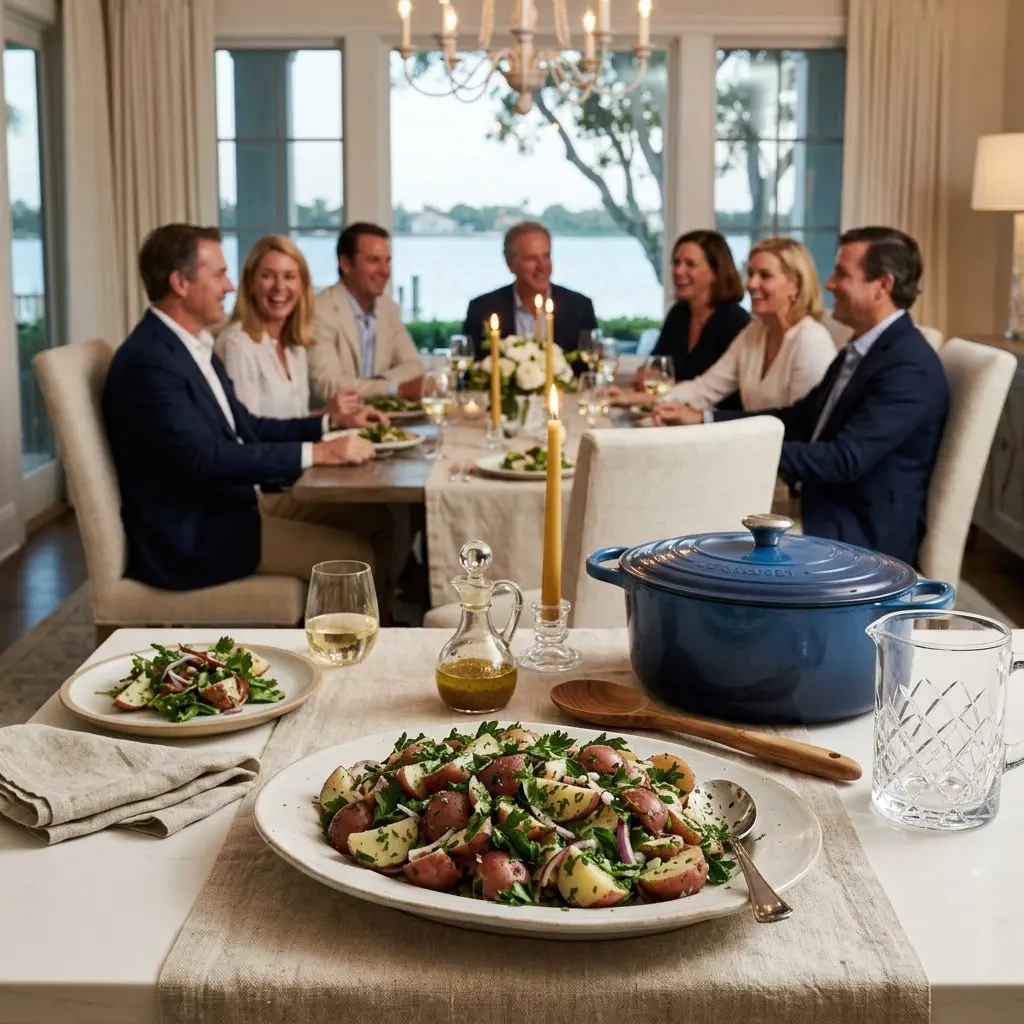An appetizing, fresh serving of cooked Warm Parsley Potato Salad displayed beautifully on a styled dining table.