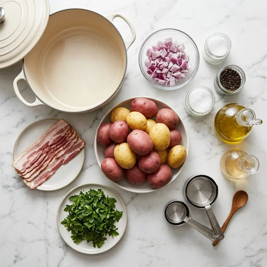 Raw cooking ingredients for Warm Parsley Potato Salad arranged beautifully on a clean kitchen counter.