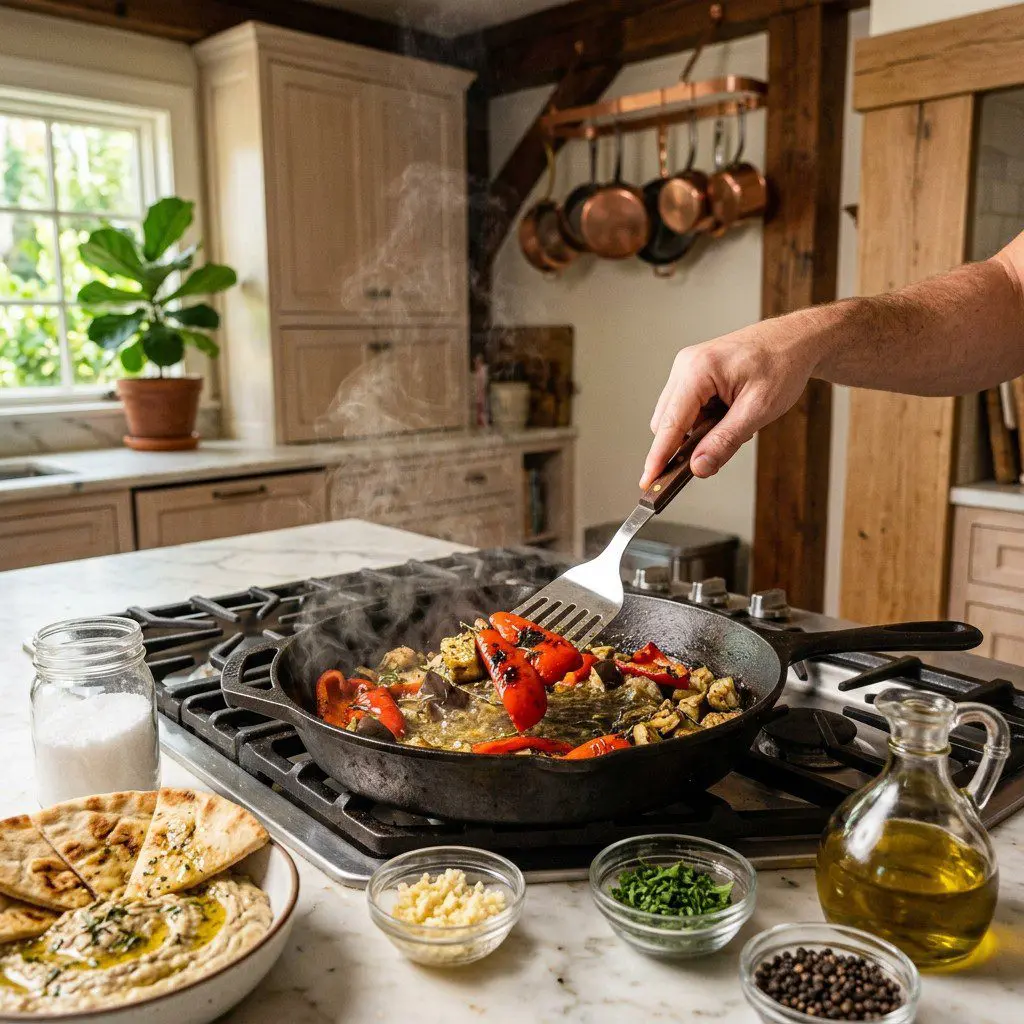 Home cook prepared steps for assembling and cooking Whipped Eggplant with Garlic Marinated Roasted Peppers and Toasted Pita Wedges.