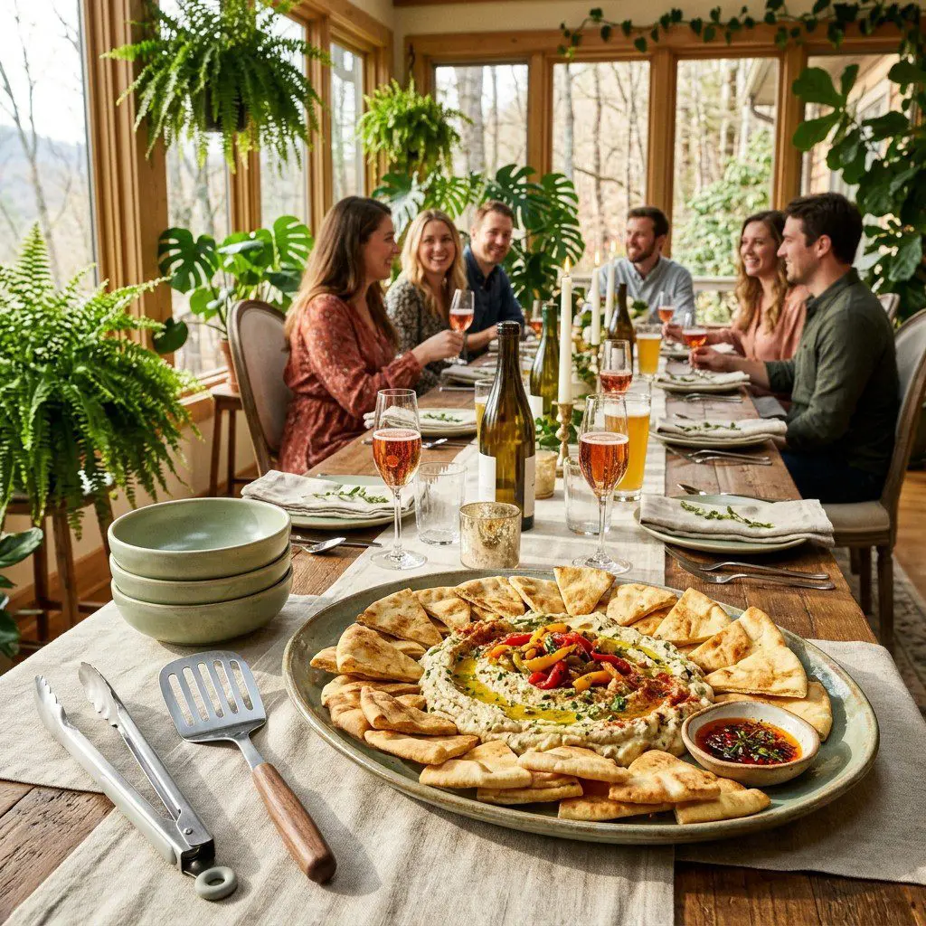 An appetizing, fresh serving of cooked Whipped Eggplant with Garlic Marinated Roasted Peppers and Toasted Pita Wedges displayed beautifully on a styled dining table.