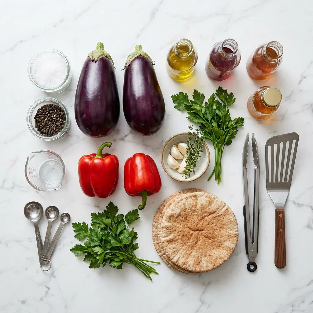 Raw cooking ingredients for Whipped Eggplant with Garlic Marinated Roasted Peppers and Toasted Pita Wedges arranged beautifully on a clean kitchen counter.