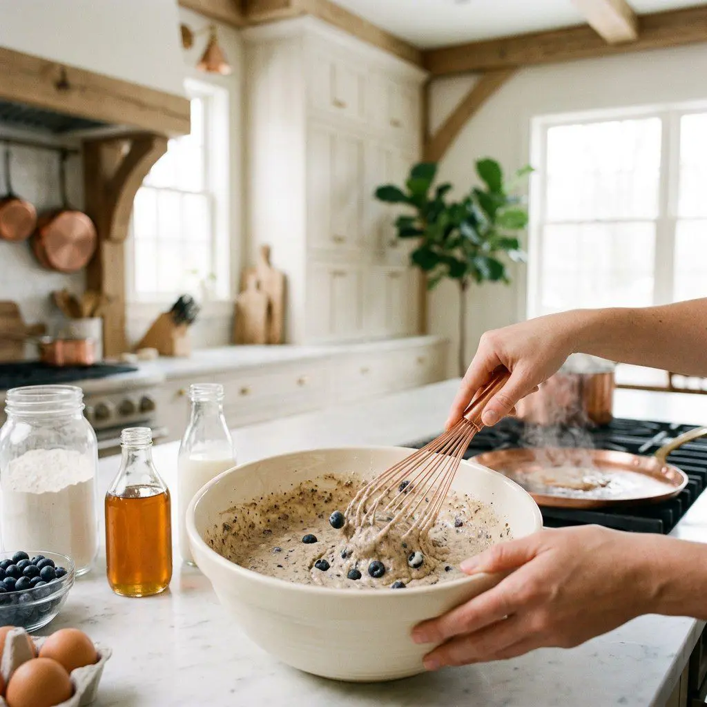 Home cook prepared steps for assembling and cooking Whole Grain Blueberry Pancakes with Berry Good Maple Syrup.
