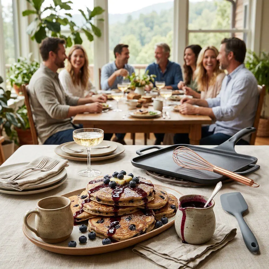 An appetizing, fresh serving of cooked Whole Grain Blueberry Pancakes with Berry Good Maple Syrup displayed beautifully on a styled dining table.