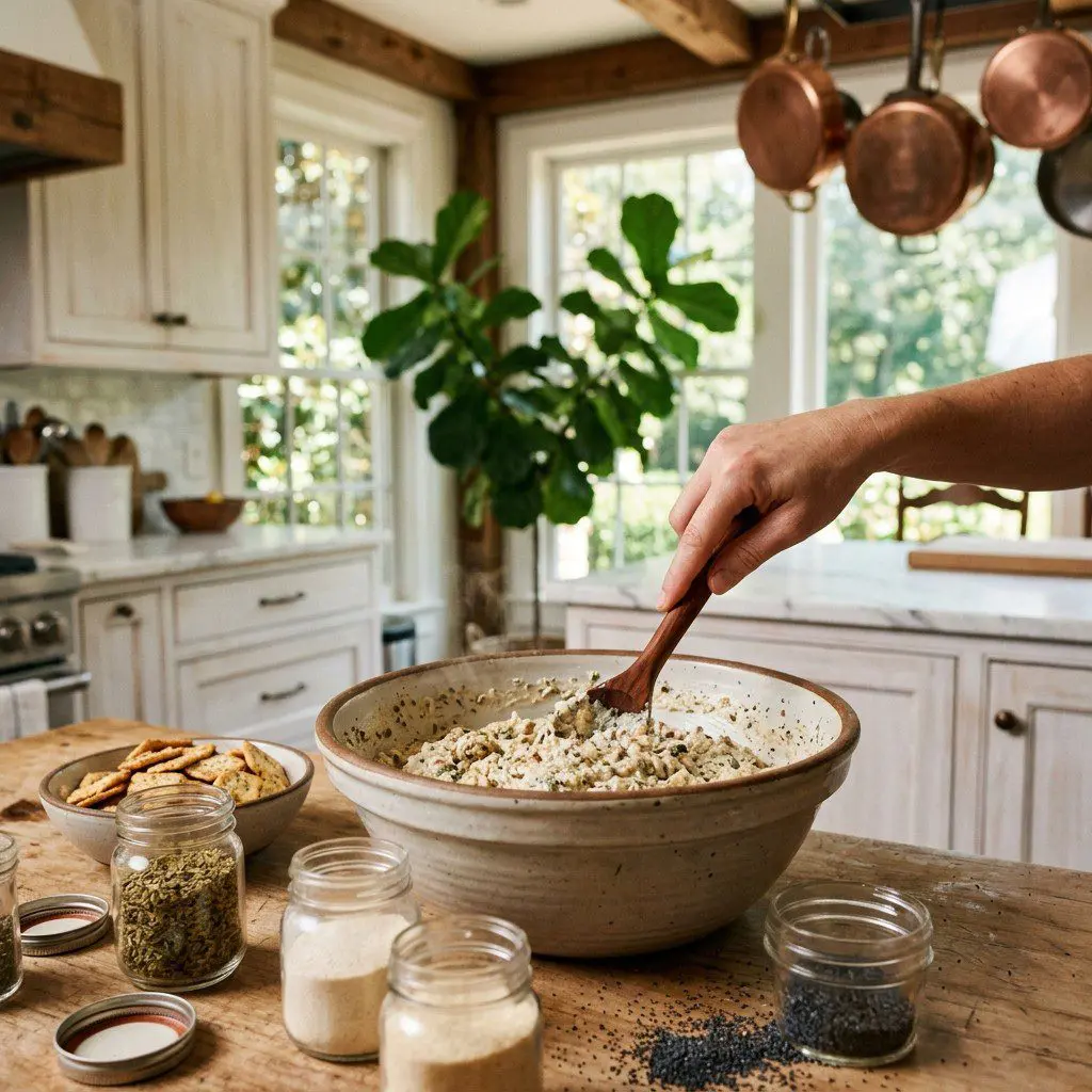 Home cook prepared steps for assembling and cooking World Famous Farmers Market Dip with Seasoned Crackers.