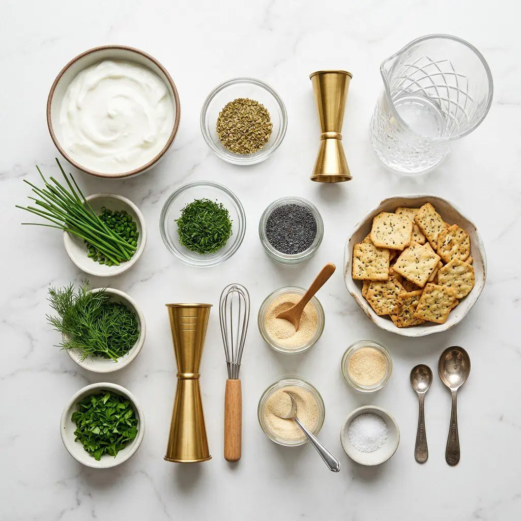 Raw cooking ingredients for World Famous Farmers Market Dip with Seasoned Crackers arranged beautifully on a clean kitchen counter.