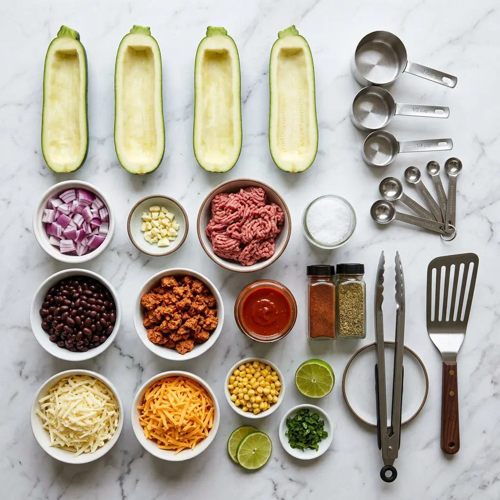 Raw cooking ingredients for Zucchini Enchilada Boats with Chorizo and Black Bean Filling arranged beautifully on a clean kitchen counter.