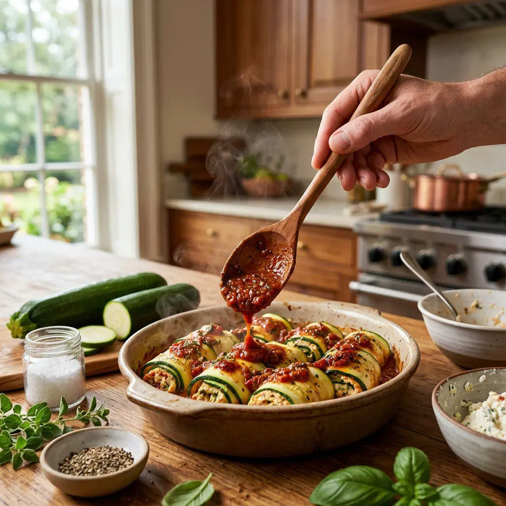 Home cook prepared steps for assembling and cooking Zucchini Involtini with Sun-Dried Tomato Ricotta Filling.