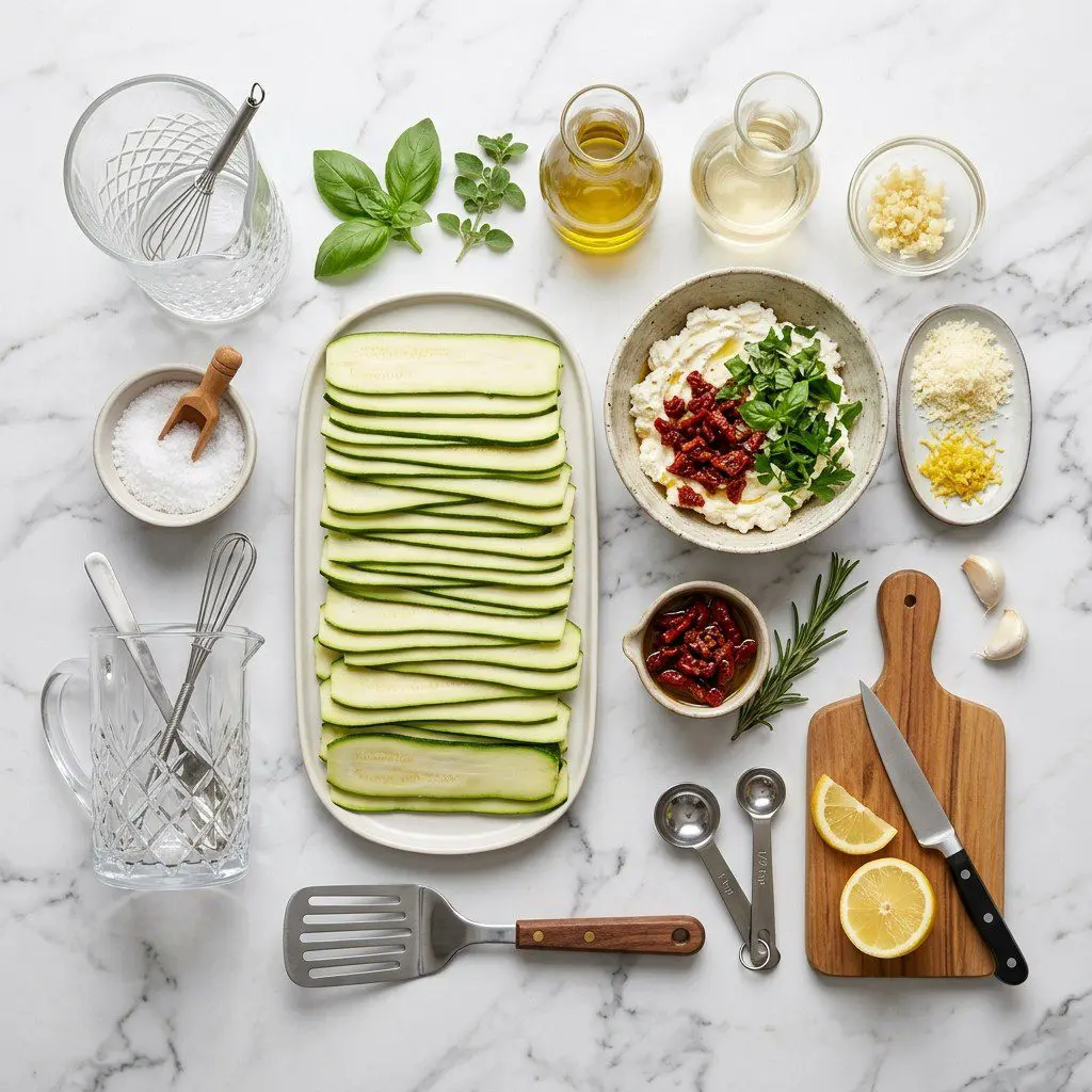 Raw cooking ingredients for Zucchini Involtini with Sun-Dried Tomato Ricotta Filling arranged beautifully on a clean kitchen counter.