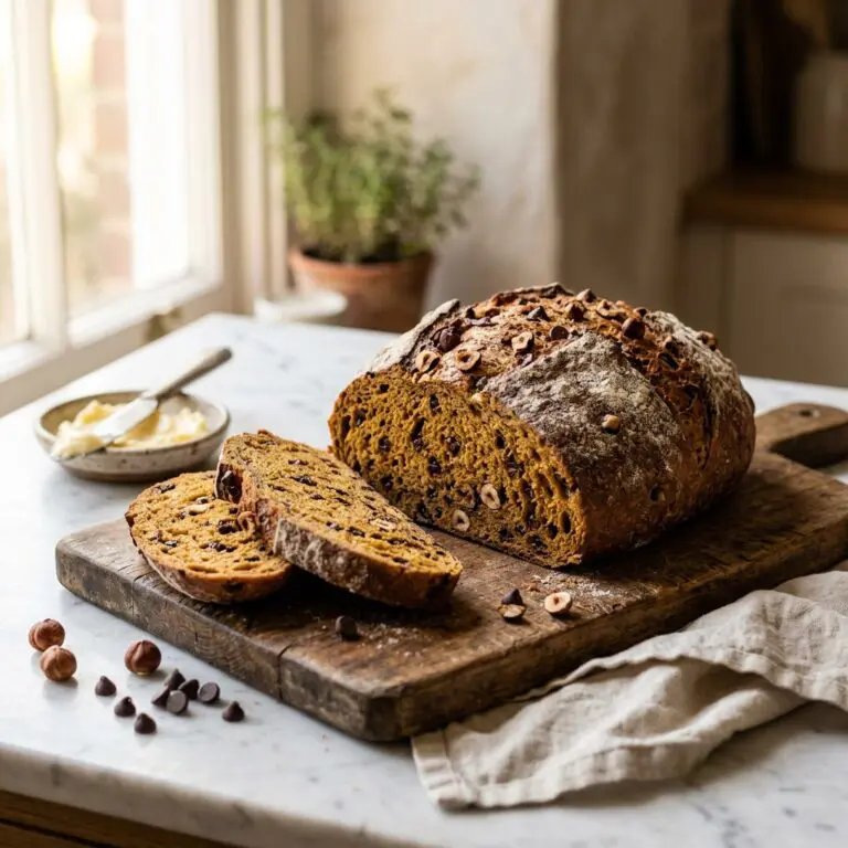 Rustic chocolate pumpkin bread loaf with hazelnuts, sliced to show chocolate chip studded crumb